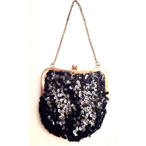 ***SOLD***Small Black Sequined Clutch Evening Handbag Coin Purse w/Chain Strap - Picture 1 of 8